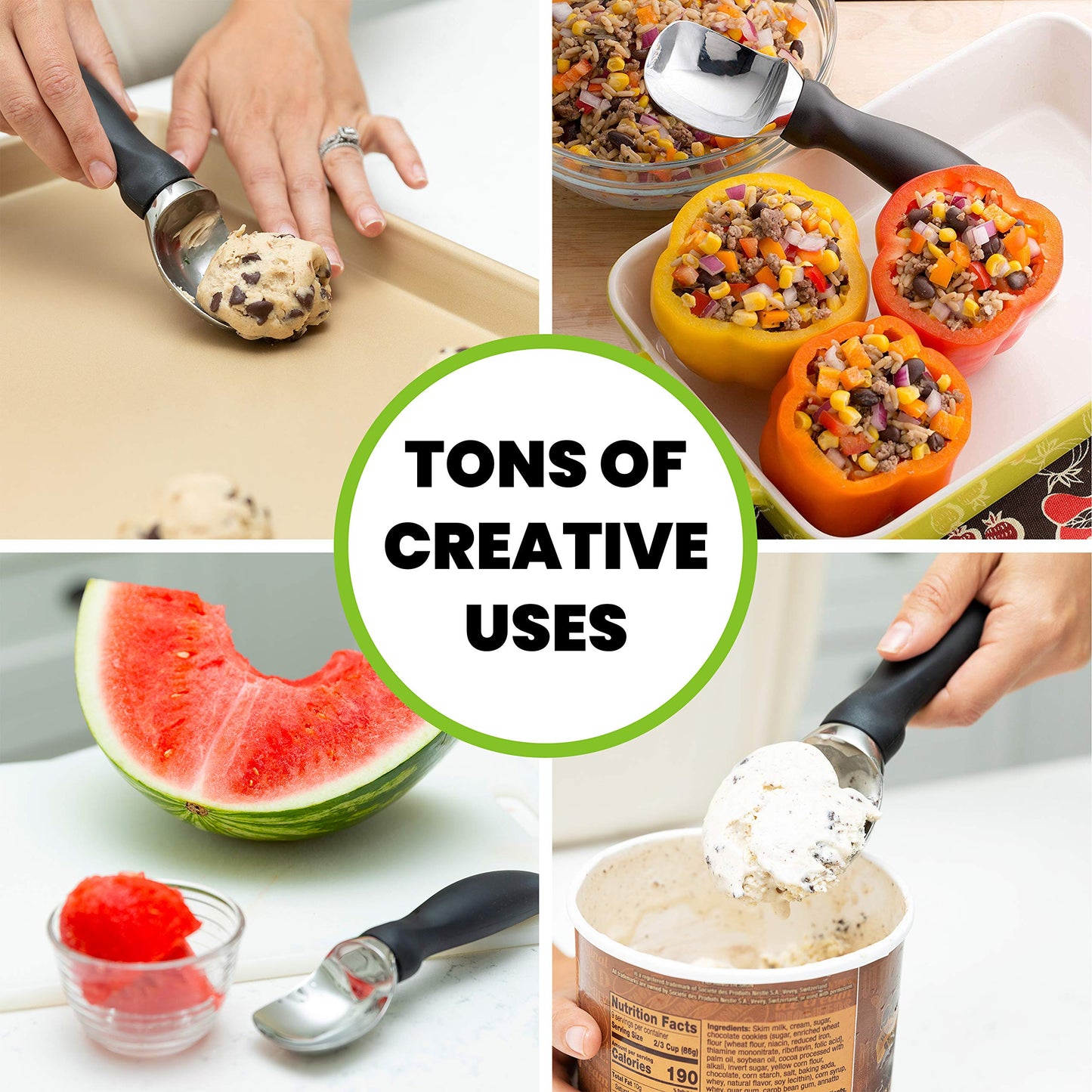 Spring Chef 18/8 Stainless Steel Ice Cream Scoop with Soft Grip Handle - Heavy Duty Ice Cream Scooper for Gelato, Sorbet, Cookie Dough, Melon, Sundae - Dishwasher Safe Kitchen Tool - Black