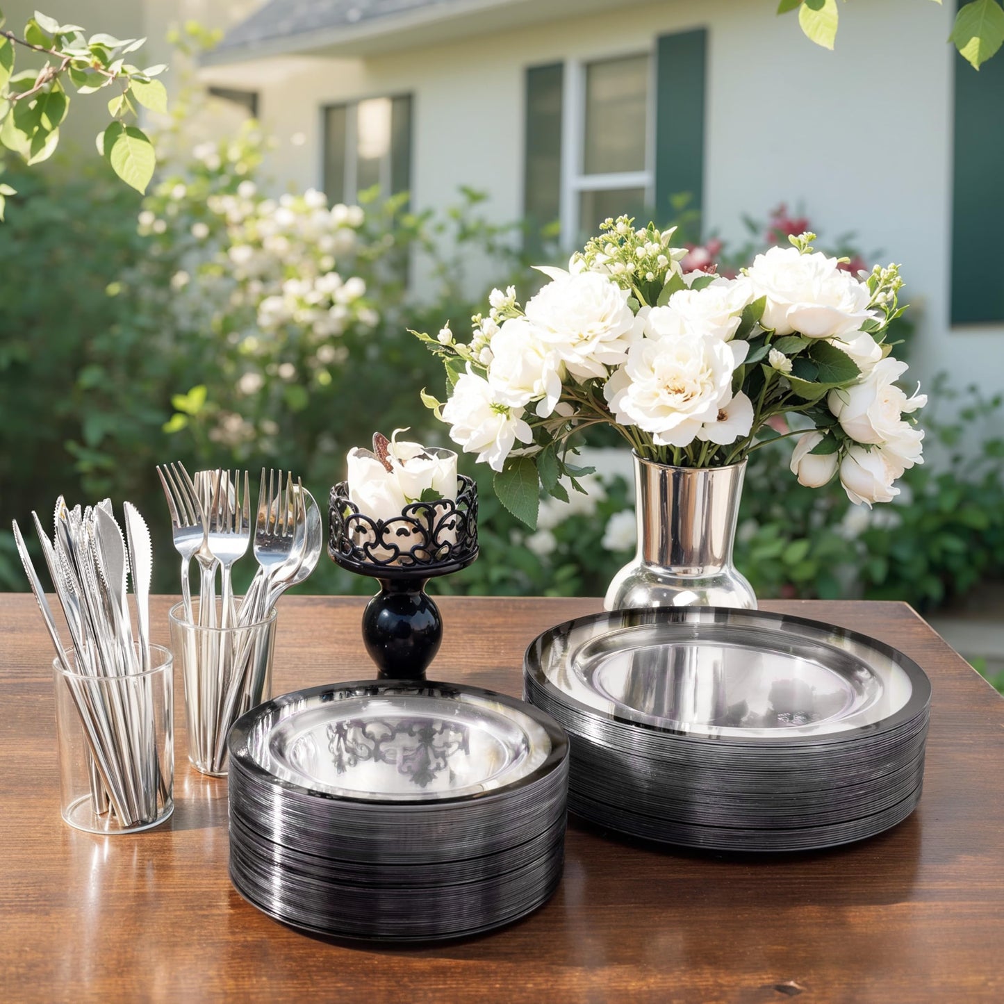 U-QE 120pcs Black Plates Disposable for Party - Clear and Black Plates Disposable Heavy Duty - Fancy Disposable Plates Include 60 10" Dinner and 60 7" Dessert Plate, Perfect for Party & Wedding