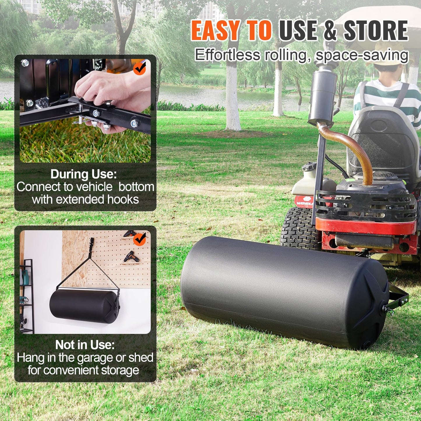 VEVOR Tow Behind Lawn Roller, 400lbs Sand/Water Filled Yard Roller, LLDPE Drum and Steel Frame Sod Roller with Easy-Turn Plug, Tow Behind a Tractor or ATV for Lawn, Garden, Farm, Park, Black