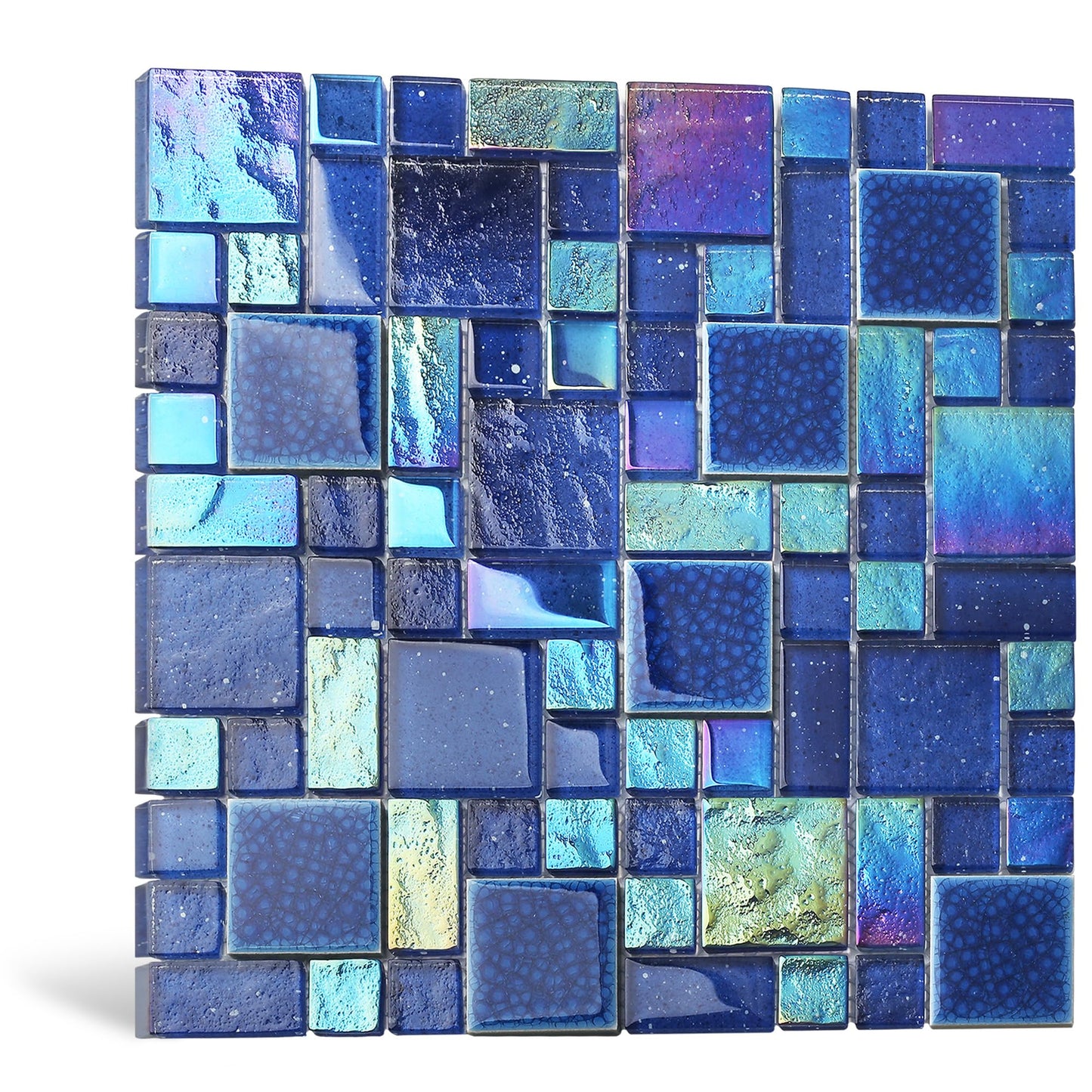 Blujellyfish Blue Glass Mosaic Tiles French Pattern Square Mosaics Sheets Iridescent Cobalt Blue Crystal Glass Ceramic Accent Wall Tile for Swimming Pool Kitchen Bathroom Backsplash (5 Square Feet)