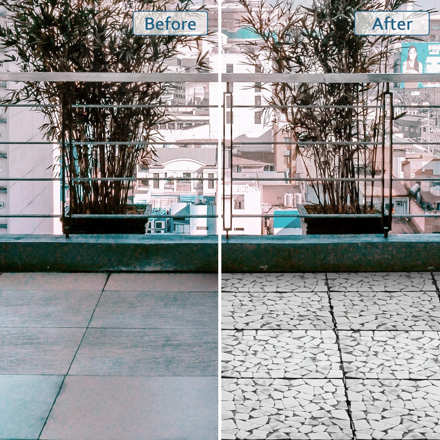 4PCS Natural Pebble Interlocking Deck Tiles, 12" x 12" Recycled Glass Marble Looks Waterproof Patio Deck, Outdoor & Indoor Flooring Decking Tiles for Porch Poolside Balcony Backyard, Carrara White