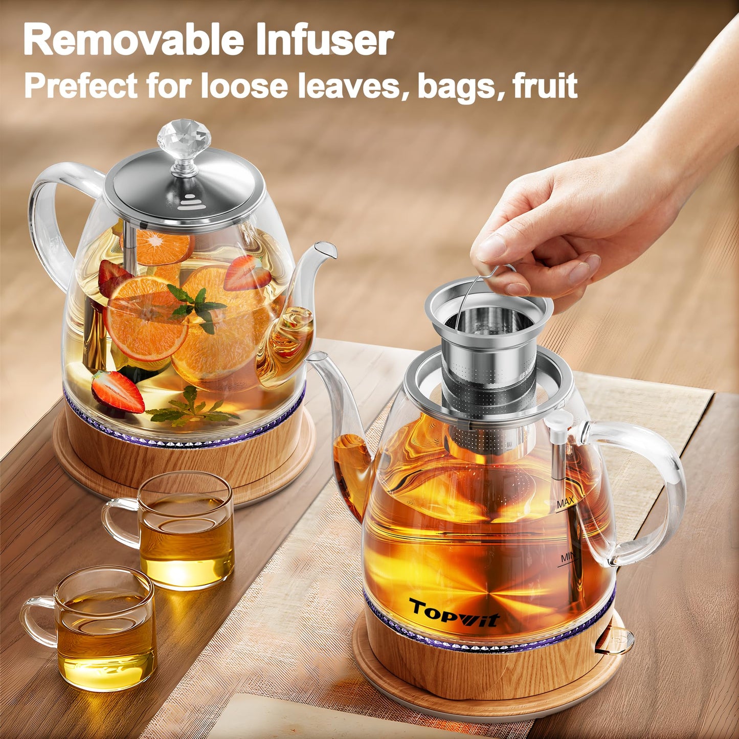 Topwit Electric Kettle Glass, For Hot Water, Tea and Coffee Dual Purpose Design, BPA-Free, 1L Pour Over Removable Stainless Steel Infuser, Auto-shut Off & Boil-dry Protect