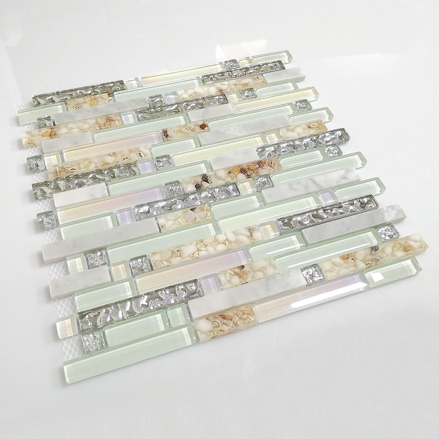 Beach Style Wall Tile Mosaic Kitchen Backsplash Tiles Green Bathroom Silver Glass Conch Stone White Marble Iridescent Mosaic Art Deco Sheets [Pack of 11PCS(12.4x11.8x0.31 Inches/Each)]