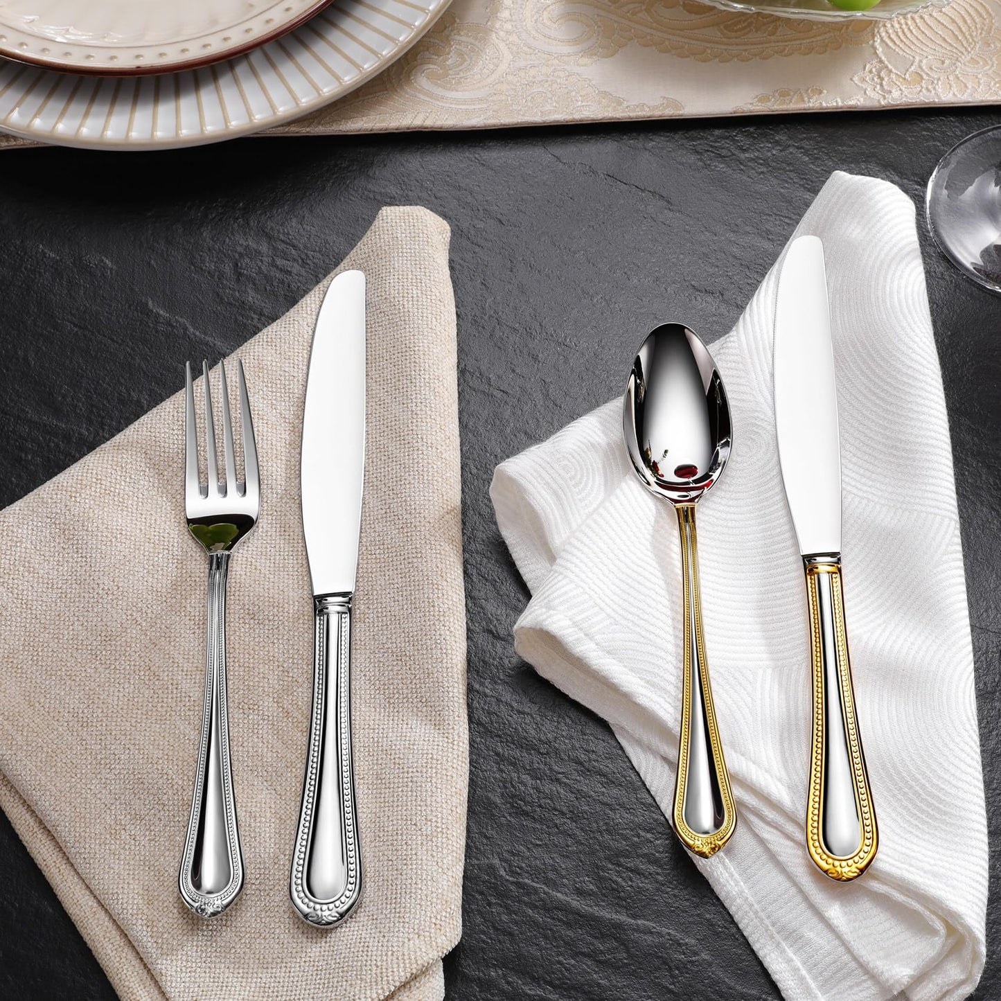 KEAWELL Pearl Edge 4-Piece Premium Spoon Set, 18/10 Stainless Steel, Fine Silverware Spoons with Refined Bead Design, Brightly Polished, Dishwasher Safe (Silver, 9" Serving Spoons)