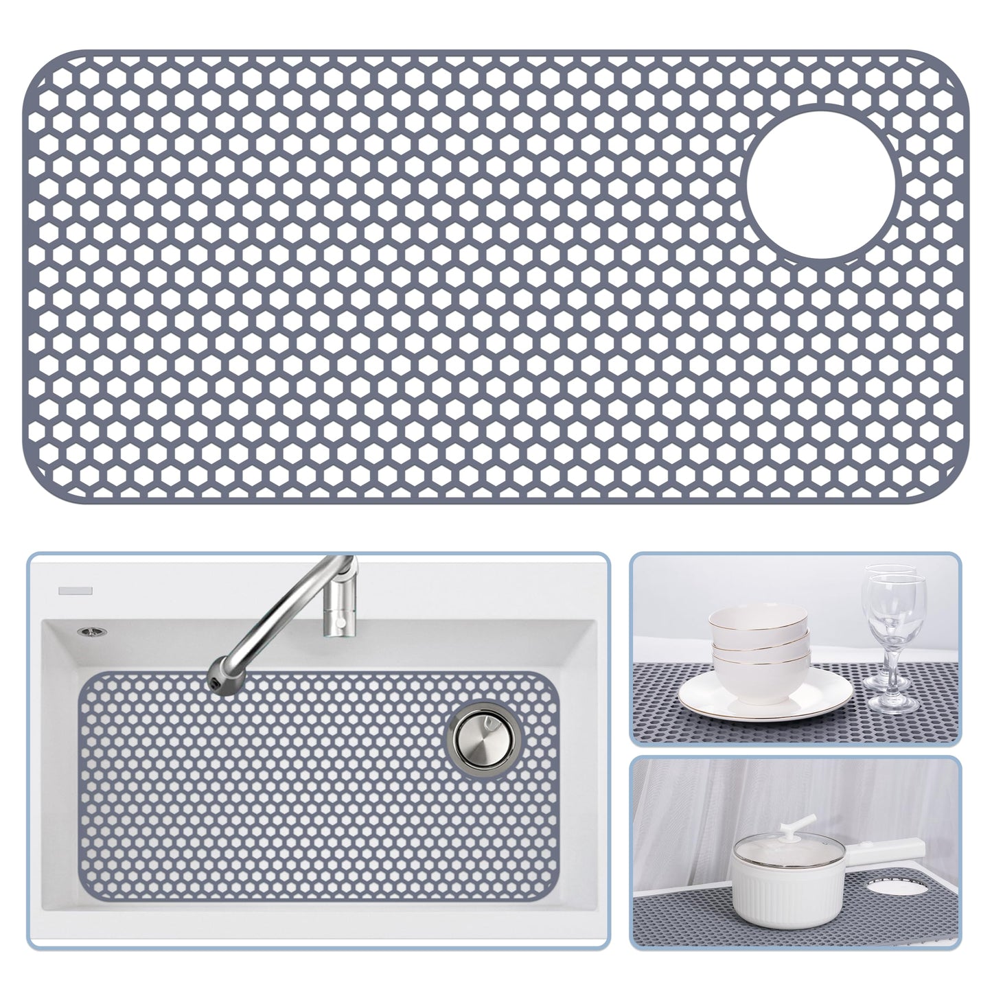 Bestjing Silicone Sink Protectors for Kitchen Sink - 28.4"x 14.3" Kitchen Protector Accessory, Non-Slip Heat Resistant Mat for Bottom of Farmhouse Porcelain Stainless Steel (Top Right Drain Hole,Gray)
