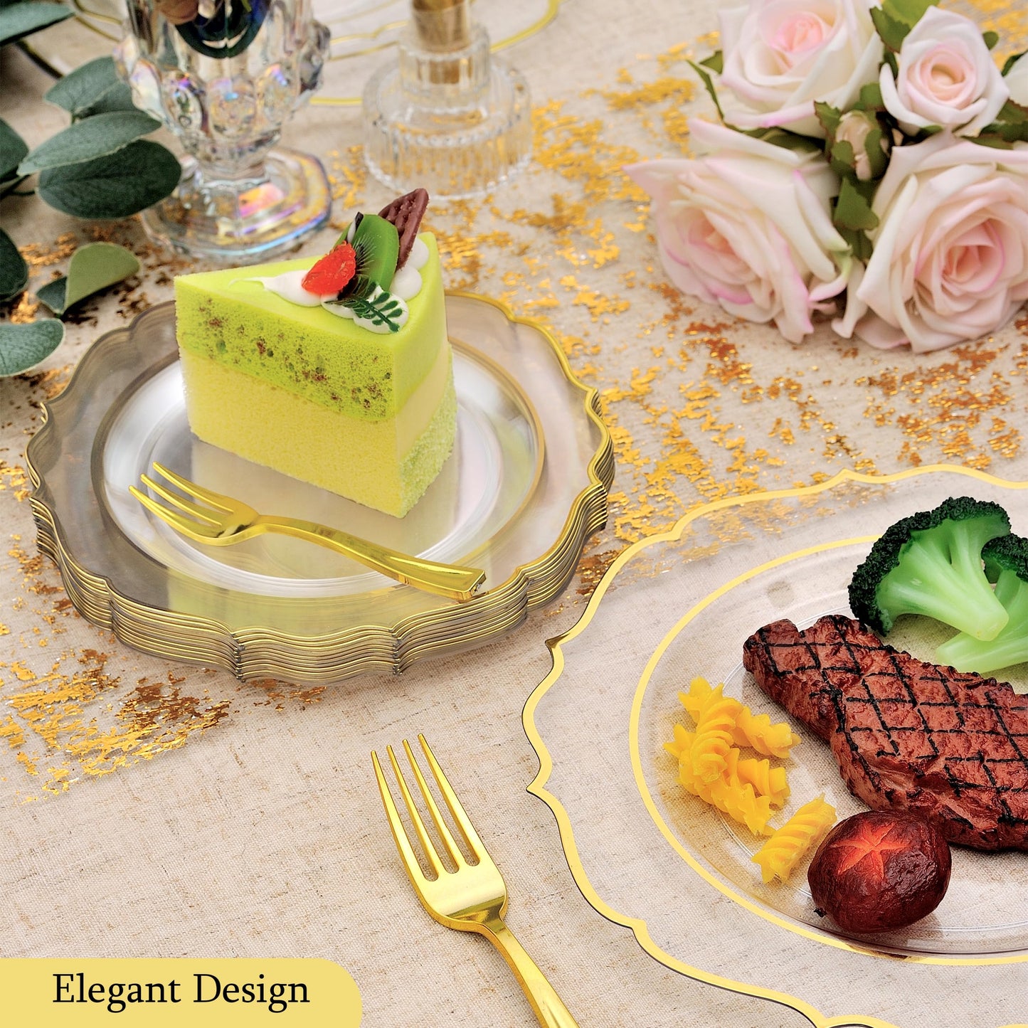 Noemie 300 PCS Premium Clear Plastic Plates, Clear Baroque Dinnerware Set for 50 Guests with Gold Trim Include 50 Dinner & 50 Dessert Plates, 200 Gold Silverware Set