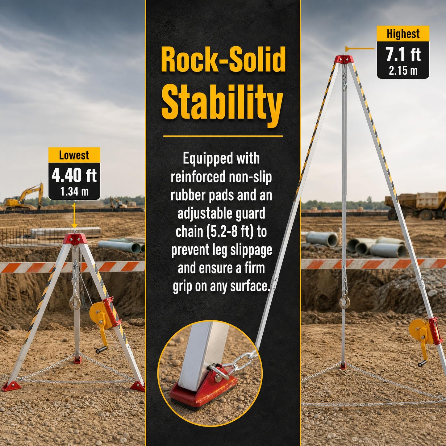 Fall Protection Equipment 1800lbs Confined Space Tripod Kit 98.43ft Steel Wire Rope Lifting Winch Adjustable Height 4.40-7.1FT Rescue Tripod System Aluminium Safety Device