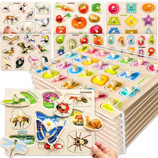 QUOKKA 8 Wooden Puzzles for Toddlers 1-3 - Toddler Montessori Puzzles Ages 2-4 in a Rack - Learning Alphabet, Numbers and Animals Toy for Kids 3-5 - Wood Games Gift for Boys and Girls