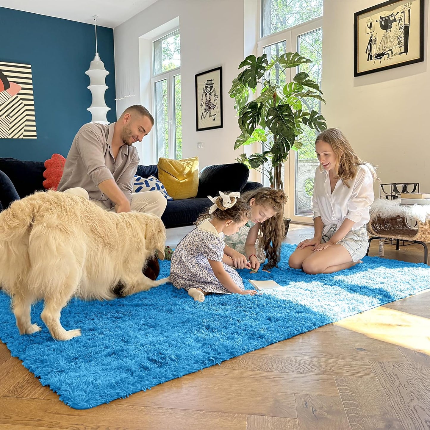 OLANLY Large Area Rug - Soft Fluffy Shaggy Carpet for Living Room & Bedroom | Bright Blue, 5x8 ft