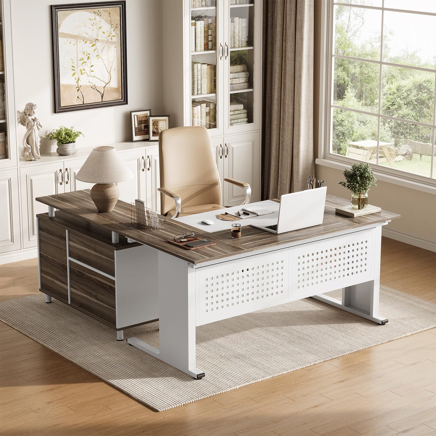LITTLE TREE Large Computer Desk with File Cabinet, 63 Inch Executive Desk L Shaped Office Desk with Drawers and Storage Shelves, Business Furniture Desk Workstation for Home Office