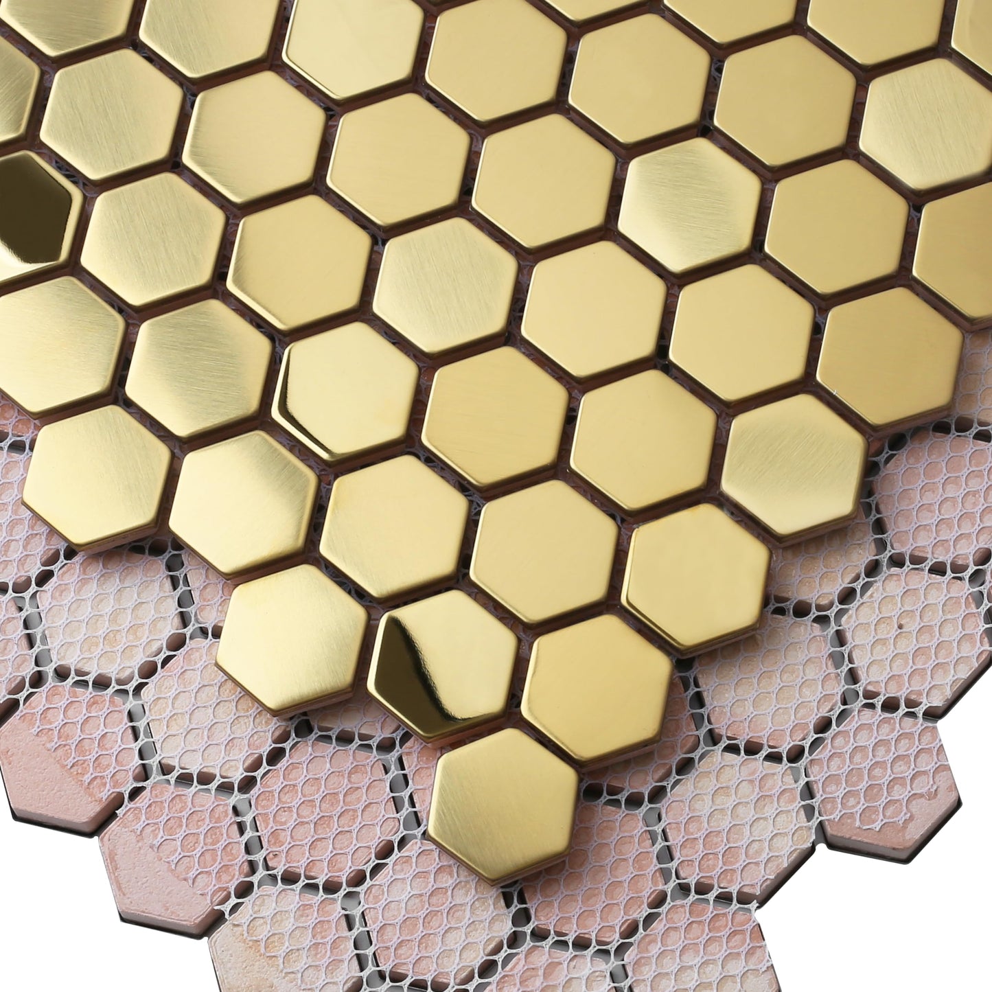Primoon Hexagon Gold Backsplash Tile, Mosaic Sheets 12''x12'' Mesh Mounted Golden 1 Inch, Brushed Shiny Gold Tiles for Kitchen Bathroom Shower Wall Floor Accent Tile Hotel Lobby Décor【5 Sheets】