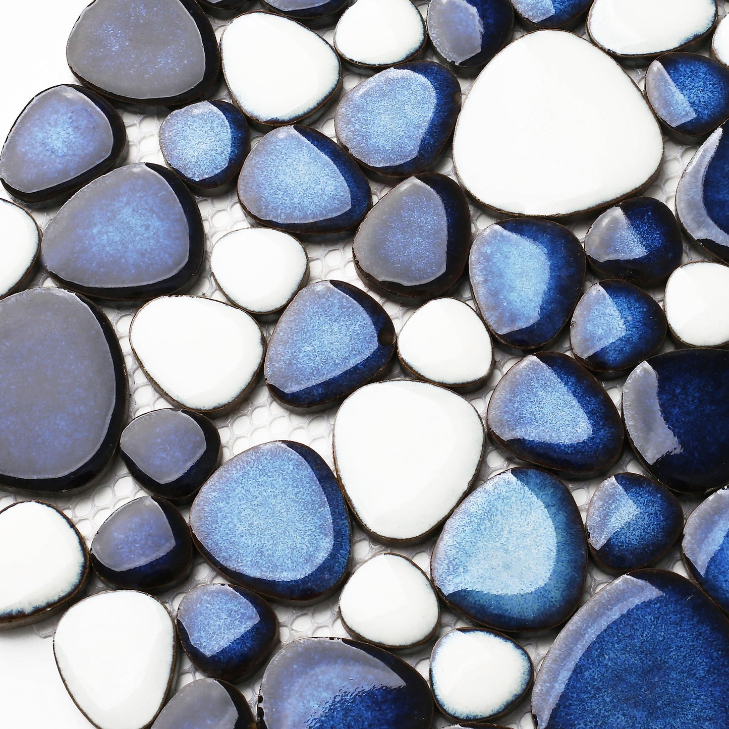 Primoon Pebble Ceramic Tiles 5 Sheets, Heart-Shaped 12x12 Floor Tile Ceramic, Dark Blue Mosaic Tiles Mesh Mounted, Waterproof Porcelain Tile Decorative for Kitchen Bath Backsplash Shower Floor Pool