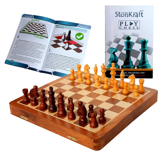 StonKraft 12" x 12" Inch Wooden Foldable Chess Board Game Set with Wooden Chess Pieces + Colored Chess Book