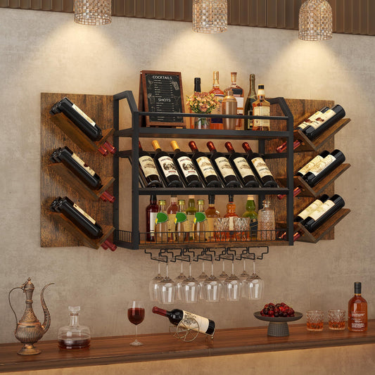 Hoctieon Wall Mounted Wine Rack, 3 Tier Hanging Wine Racks with Glass Holder, Large Capacity Bar Shelves, Metal Wood Bottle Display Storage for Kitchen, Home Bar, Dining Room, Rustic Brown