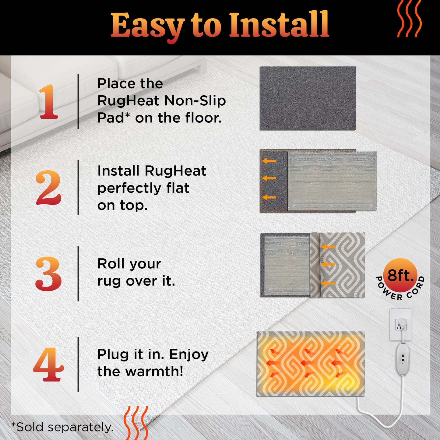 RugHeat Portable Heated Floor Mat, Medium (34x58 inches) Fits Under a 3' x 5' Rug - Under-Rug Pad for Heated Rug, Electric Radiant Floor Heater for Area Rugs, Heating Mat Under Office Desk or Table