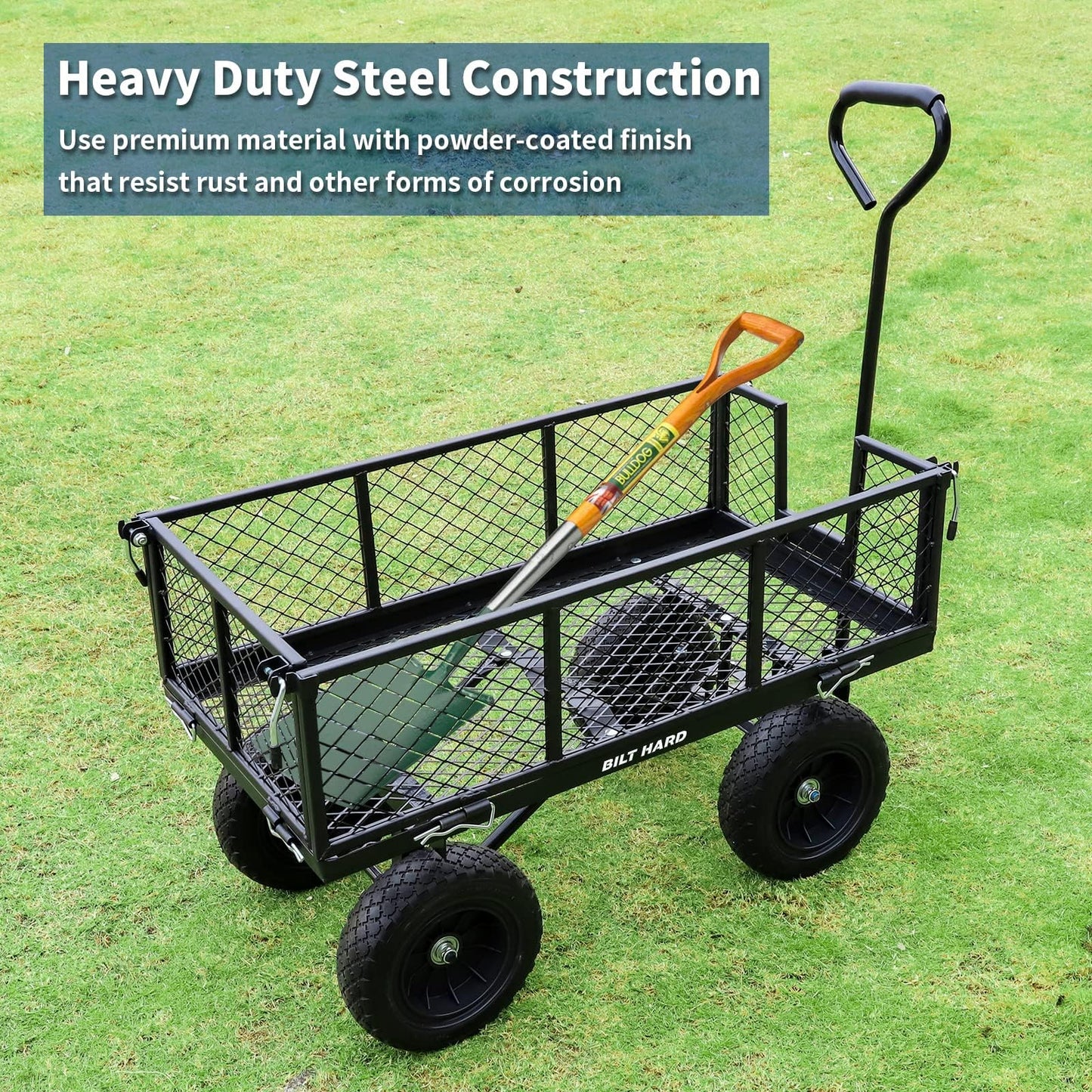 BILT HARD 880 lbs 10" Tires Steel Garden Cart with 180° Rotating Handle and Removable Sides, Heavy Duty 4 Cu.Ft Capacity Utility Garden Carts and Wagons, Black