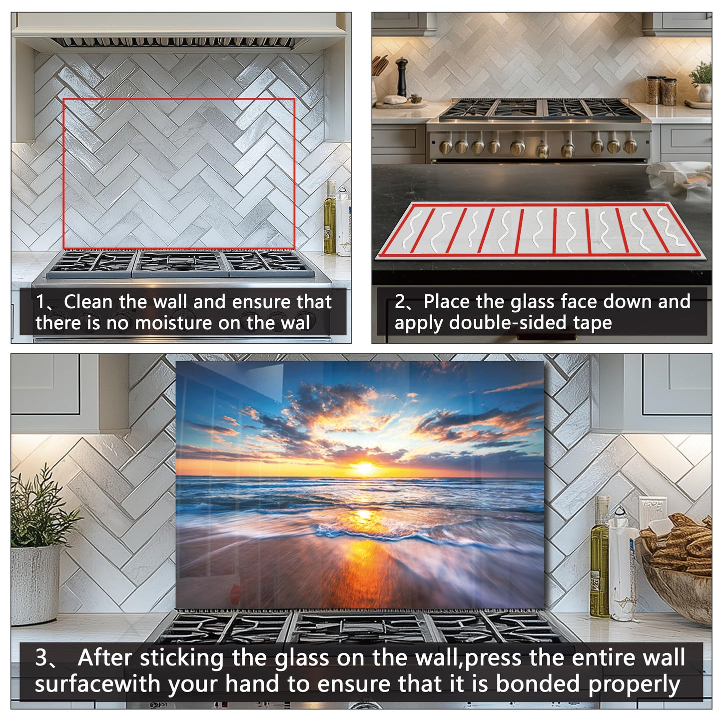 Tempered Glass Backsplash For Kitchen Behind Stove,Sea Beach Stove Backsplash Top Cover,Easy to Clean Glass Splashback, Sink Cover Splash Guard,Home Kitchen Wall Decor (30"x14"(76.2x35.56cm))