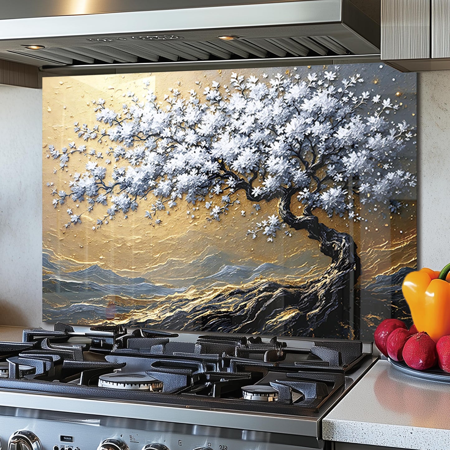 DAIFURONGE Tempered Glass Backsplash for Kitchen, Tree of Life Art Stove Backsplash Protector - Easy to Clean Wall Decor (Art Deco 4, 30"x30"(76.2x76.2cm))
