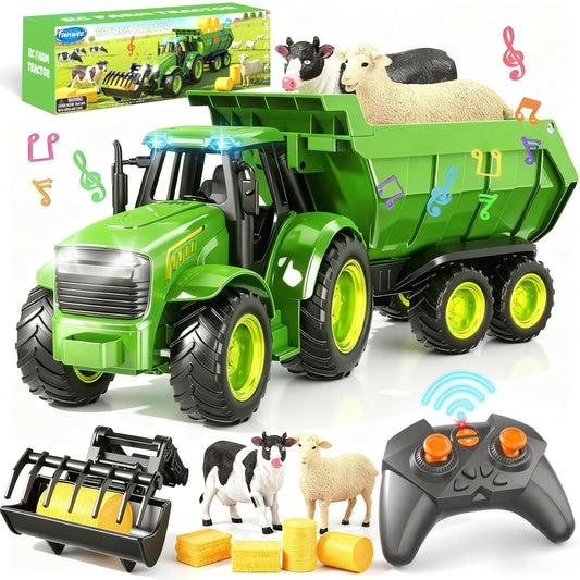 Funwee RC Farm Tractor Toy w/Light & Music, Kids Trailer Toy w/Front Loader & Farm Animal, 2.4GHz RC Tractor Truck Car for Boys & Girls, Toddler Vehicle Playset Age 3-8+ Year Old Gifts (Green)