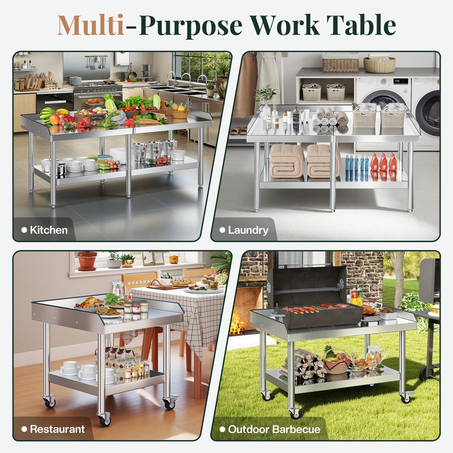 Jocisland 25"x28" Stainless Steel Equipment Stand & Equipment Grill Stand Table, NSF Certified with Adjustable Undershelf, Wheels and Edge Baffle for Commercial Kitchen, Restaurant & Home