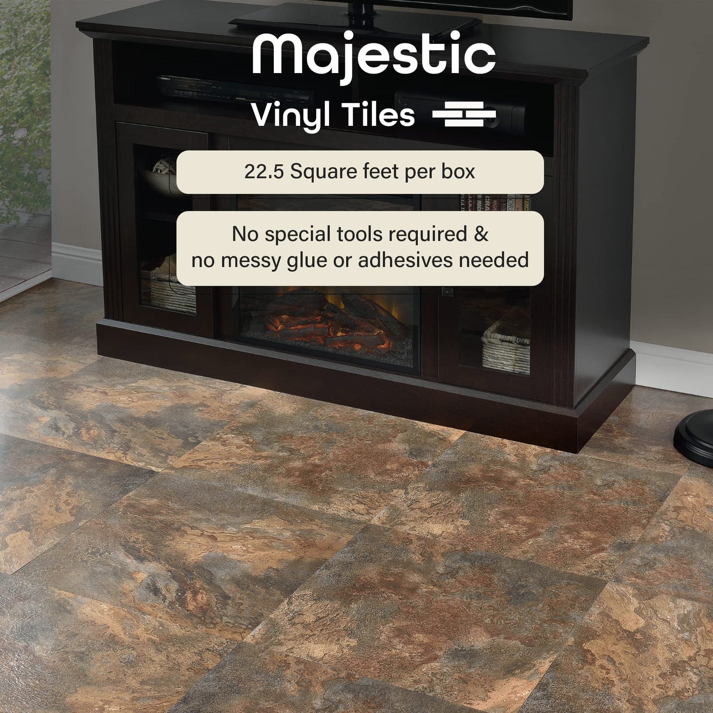 Majestic Self Adhesive 18-Inch Square Vinyl Floor Tiles, 10 Tiles - 18" x 18", Rustic Copper Slate Pattern - Peel & Stick, DIY Flooring for Kitchen, Dining Room & Bathrooms by Achim Home Decor