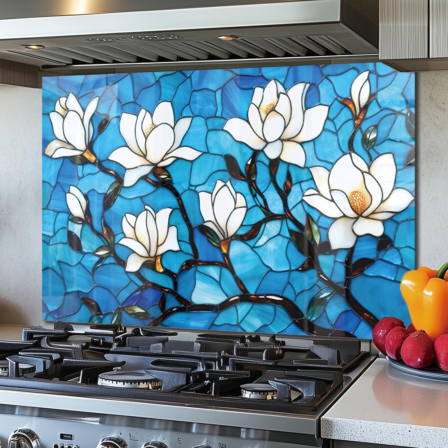 DAIFURONGE Tempered Glass Backsplash for Kitchen, Lotus Art Stove Backsplash Protector - Easy to Clean Wall Decor (30"x18"(76.2x45.72cm))