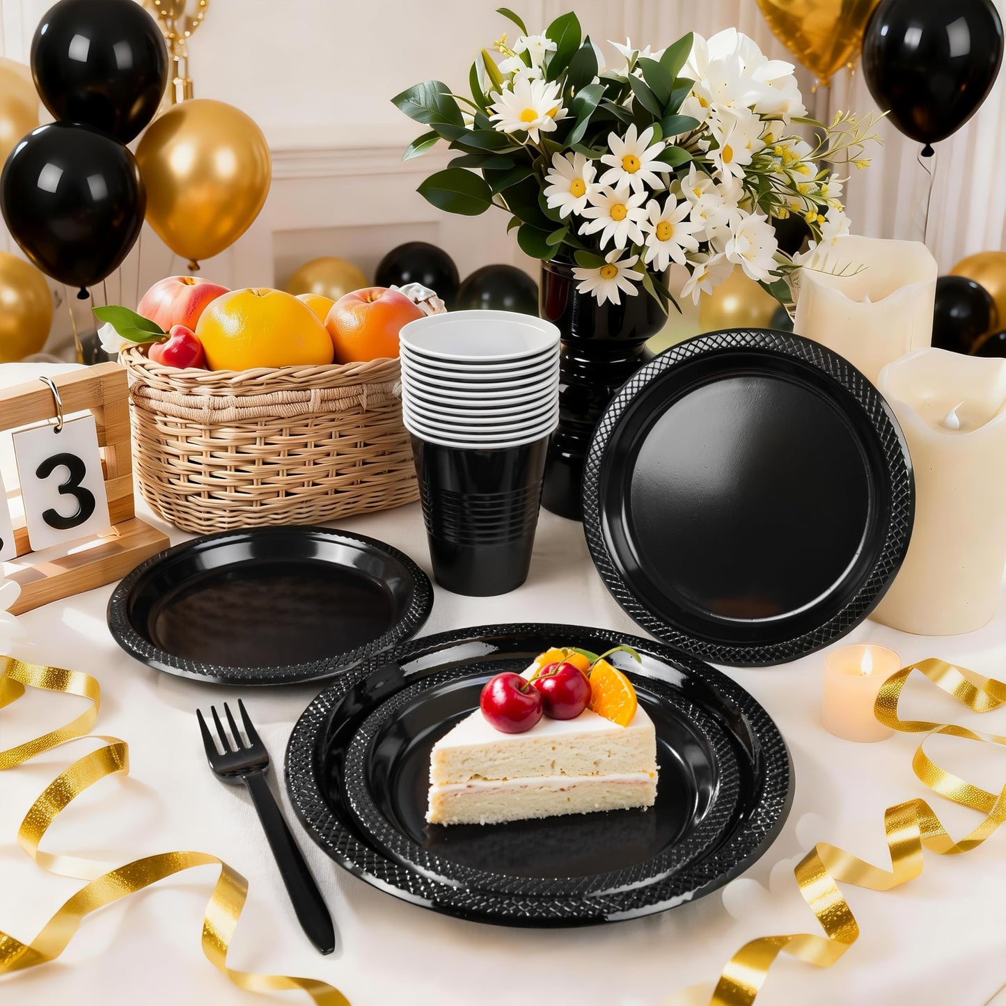 MirthMood 350PCS Black Disposable Plates,Black Plates,Plastic Party Supplies, Includes 50 Dinner Plates, 50 Salad Plates, 50 Silverware, 50 Napkins and 50 12OZ Cups for Wedding & Birthday & Party