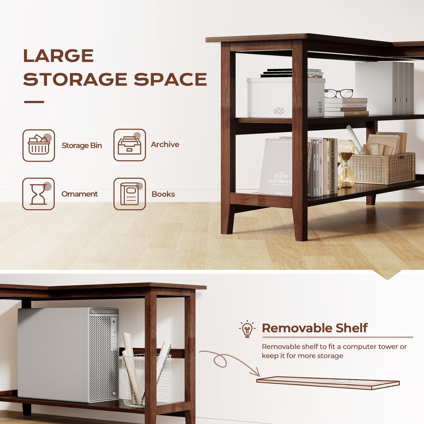 IOTXY Reversible L-Shaped Office Desk - 53" Modern Corner Computer Table with Storage Shelves, Solid Wood Legs, Home Writing & Study Workstation, Walnut