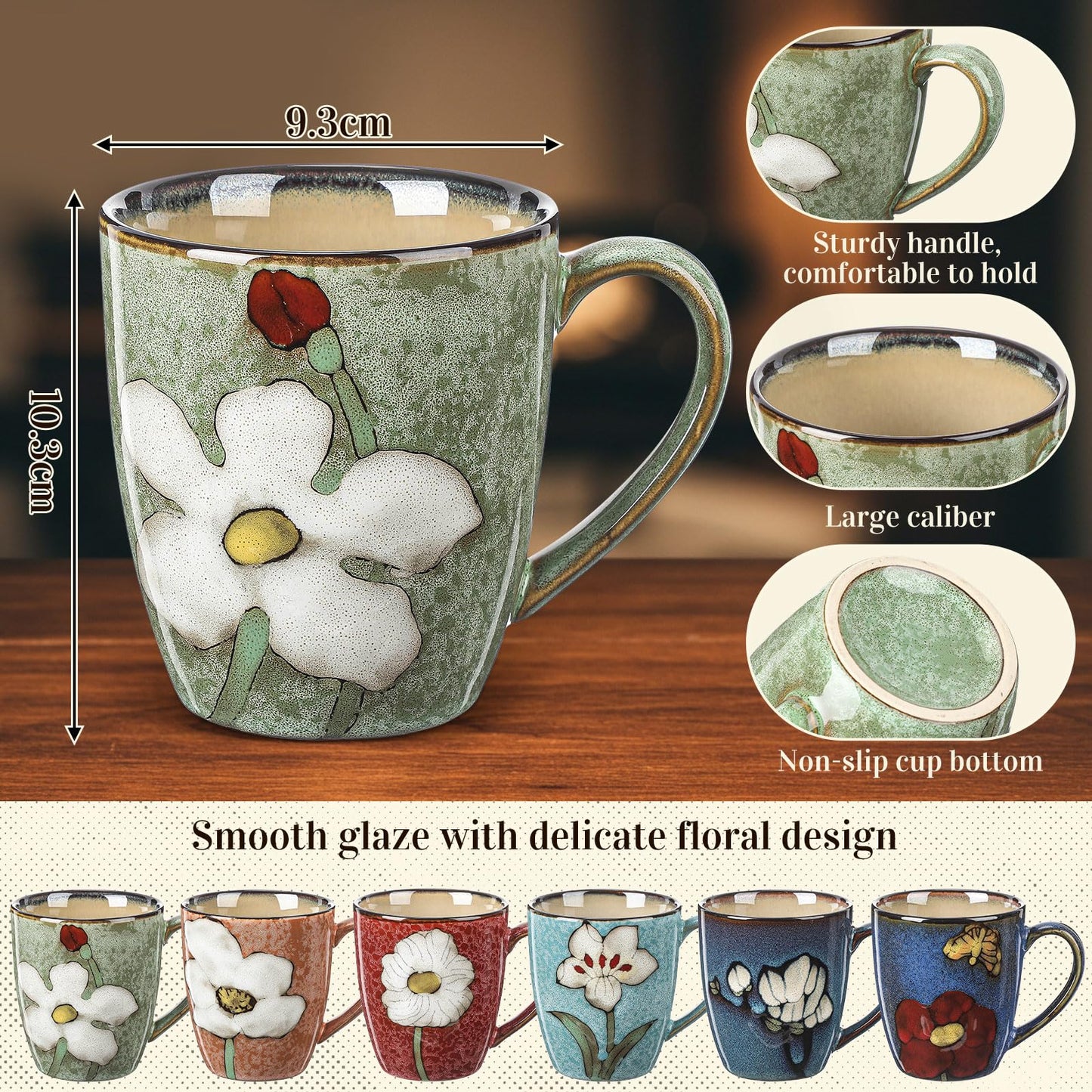 Maxdot 6 Pcs 12oz Ceramic Coffee Mugs Sets Glazing Process Cappuccino Mug Floral Ceramic Tea Cups Mother's Day Idea Gift for Women Mom Porcelain Cup for Coffee, Cocoa, Tea, Latte (Retro)