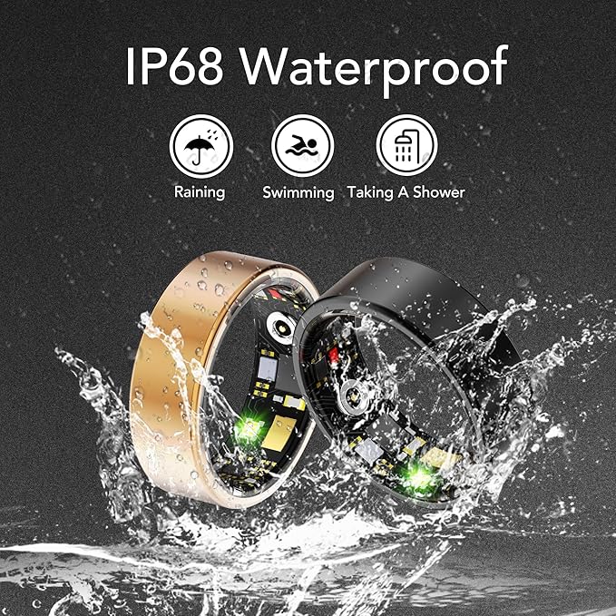 Smart Health Ring for Women Men Fitness Tracker with Heart Rate, Blood Oxygen, Blood Pressure, Sleep Monitoring, Step Counting, IP68 Waterproof for iPhone and Android, No APP Fee, Black 8#