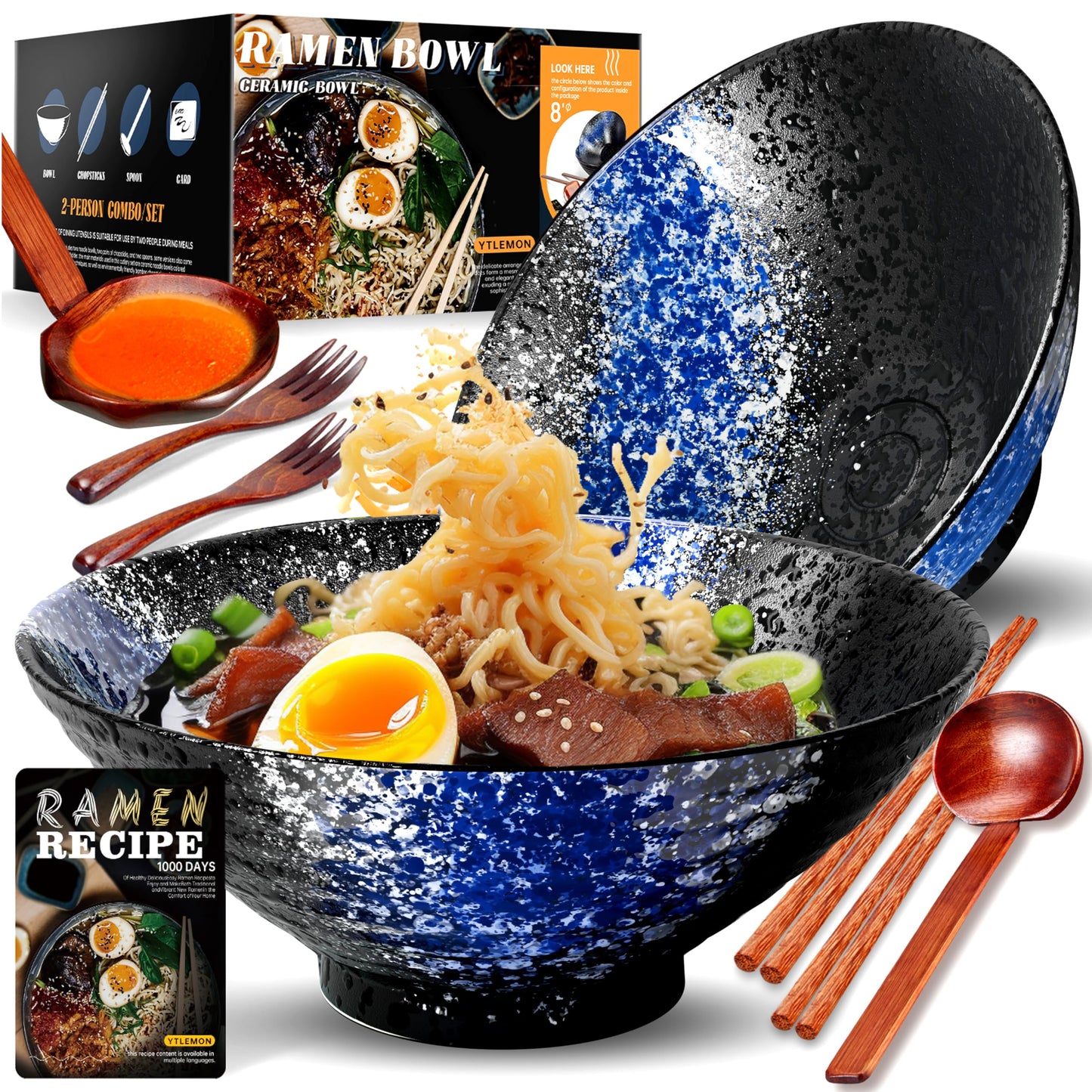 8-Inch Large Ceramic Ramen Bowl Set of 2 (9 Piece) - Microwave & Dishwasher Safe Porcelain Japanese Salad Noodles Cereal Fruit Pasta Soup Bowls with Recipes Chopsticks Forks Spoons for Men Women Gift