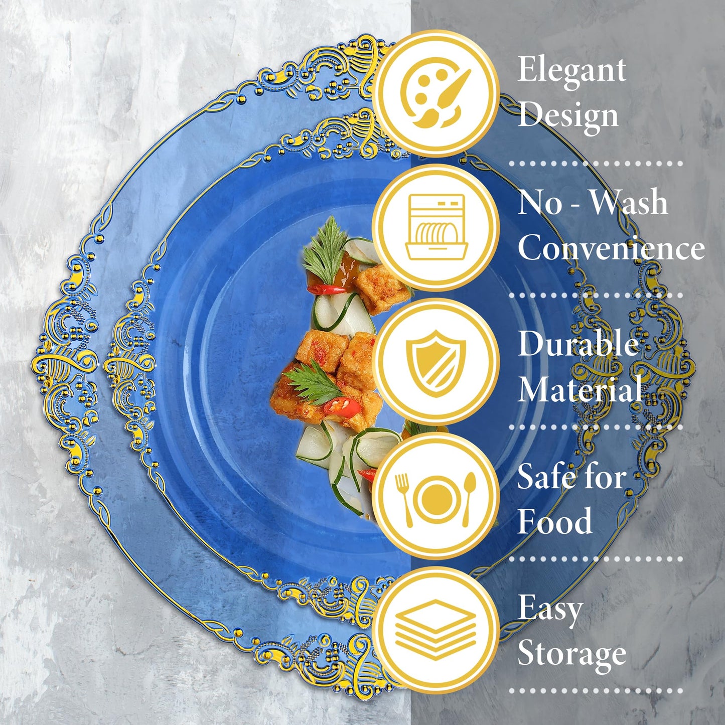 Nervure 175PCS Blue Plastic Plates - Disposable Blue Gold Party Plates & Pre Rolled Napkins with Cutlery for 25 Guests, 50Plates, 75Silverware, 25Cups, 25Napkin for Wedding & Party & Independence Day
