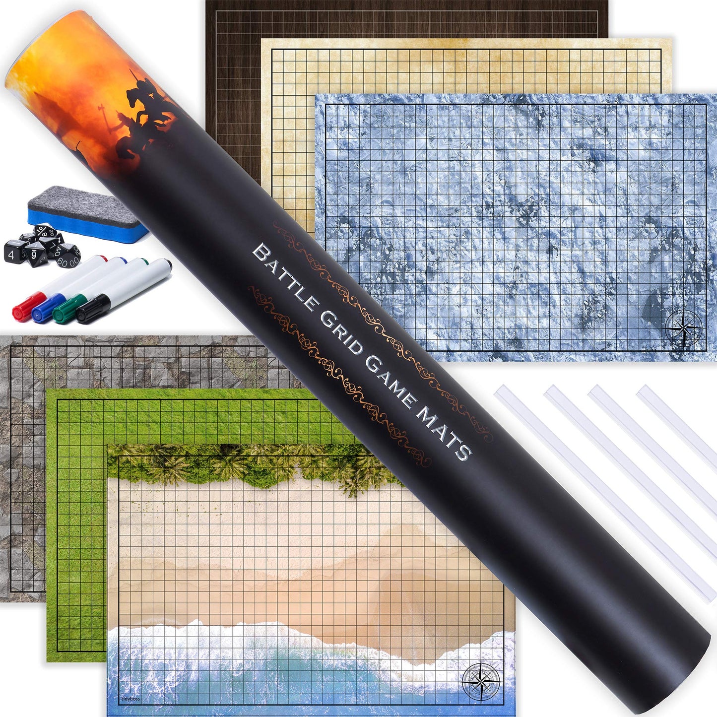Tidyboss DND Starter Set | 3 X Double Sides 24x 36 Game Grid Mat | 6 Terrains Includes Dry Erase Markers, Eraser, Dice and Clips