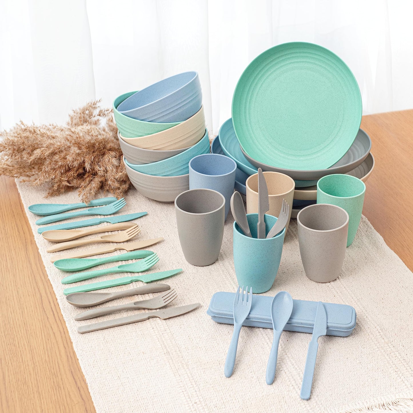 FOODLE Wheat Straw Dinnerware Set - BPA Free & Safety Certified - Microwave & Dishwasher Safe - Perfect for Kids, College Dorm, Picnic, Camper, RV Dishes - Camping Plates Cups and Bowls Set - For 6