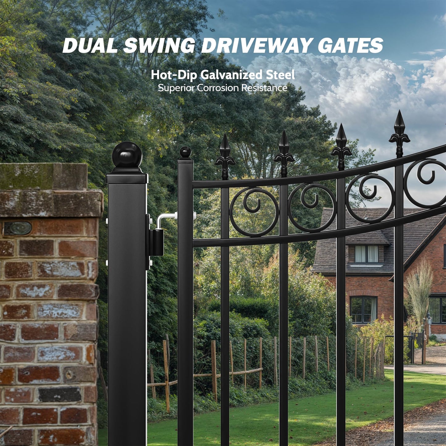 ZUMI Dual Swing Driveway Gates, 12x6 ft. Outdoor Steel Swing Gates for Driveway, Heavy-Duty Driveway Fence Gates for Home Security, Weatherproof Iron Security Gate Kit for Outdoor, Sydney Style