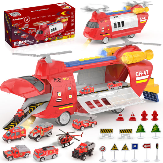 Transport Airplane Toy with 7 Rescue Vehicles/helicopter,1 Play Mat,14 Road Signs,Dual Form Airplane Toy Set with Lights and Sounds,Automatic Propellers, Cars Ejection, Gift for Boys and Girls Age 3+