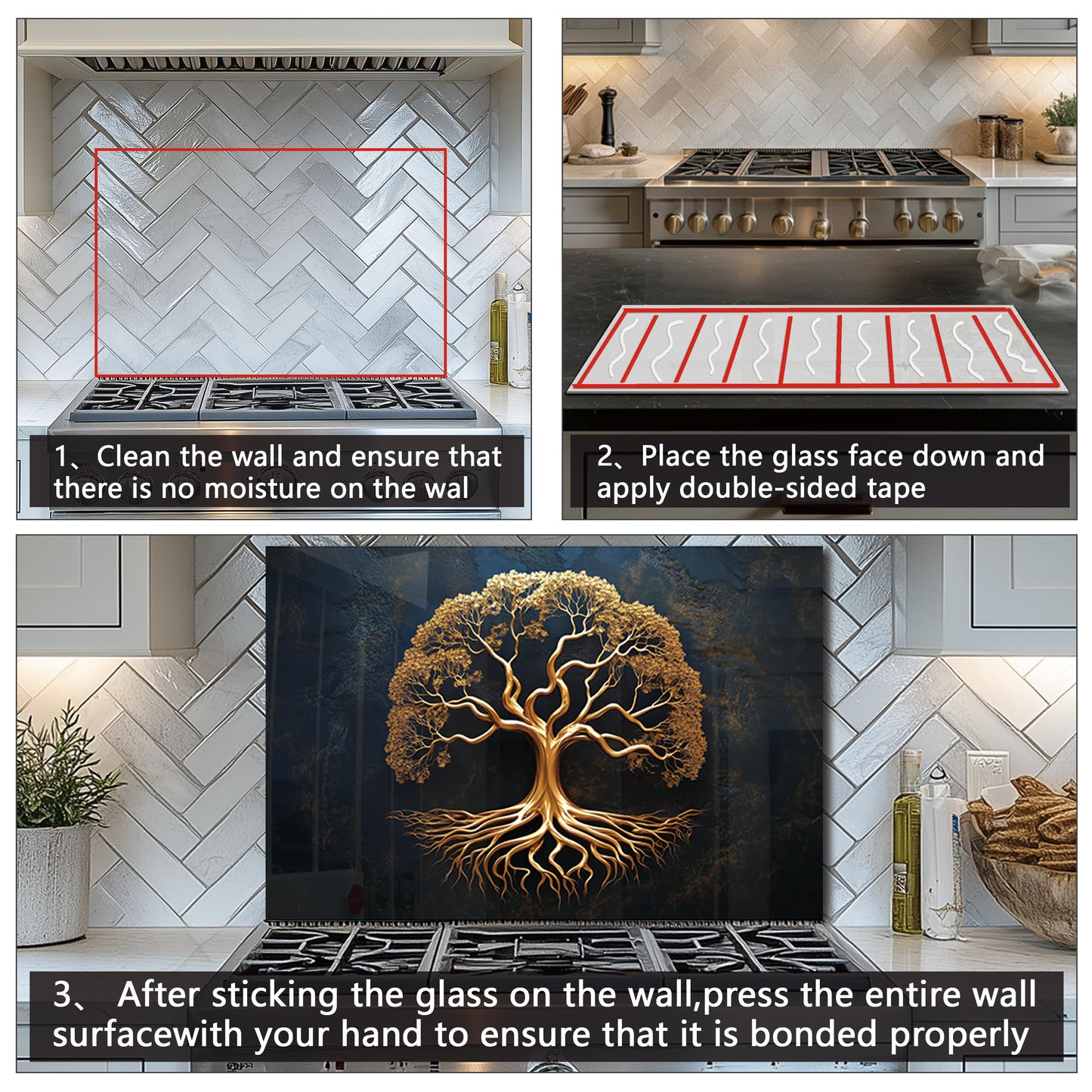 DAIFURONGE Tempered Glass Backsplash for Kitchen, Tree of Life Art Stove Backsplash Protector - Easy to Clean Wall Decor (Art Deco 1, 30"x16"(76.2x40.64cm))