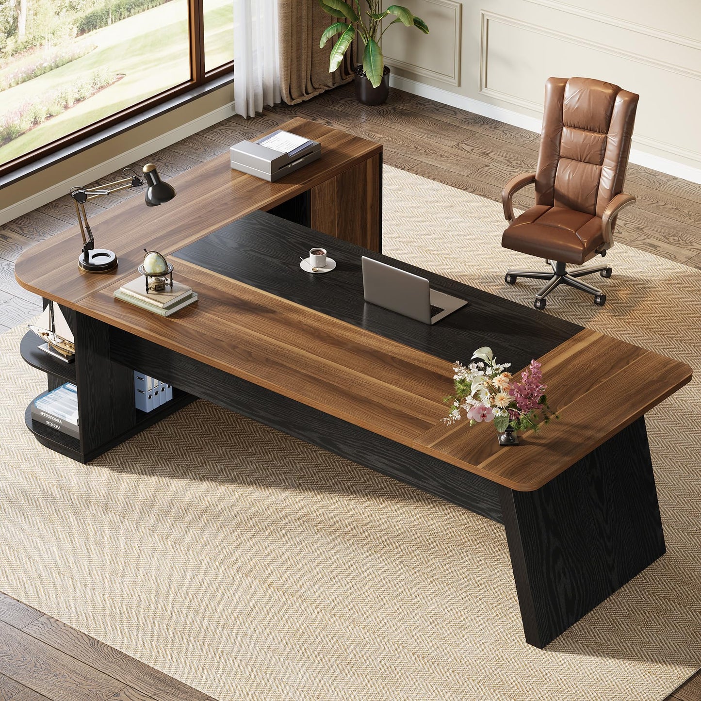 Tribesigns 79-Inch Executive Desk, Large Office Desk with Cabinet, L-Shaped Compter Desk with Storage Shelves, Writing Table for Home Office, Brown and Black