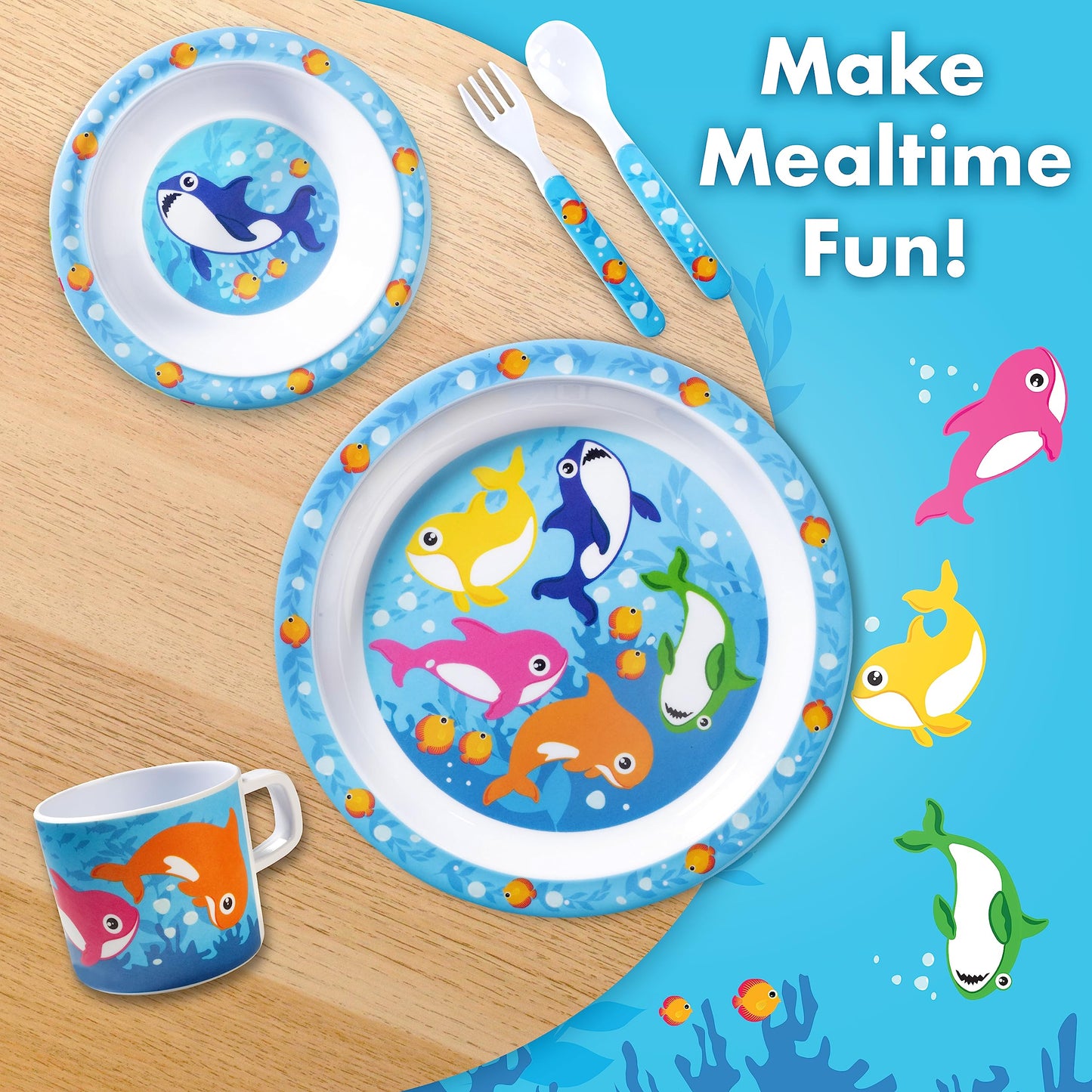 Bentology 5 Pc Mealtime Set for Kids - Shark Theme -Includes Raised Edge Plate & Bowl, Cup, Fork & Spoon -Dishwasher Safe, BPA Free- Cute Durable Dish, Easy Self-Feeding- Gift for Toddlers
