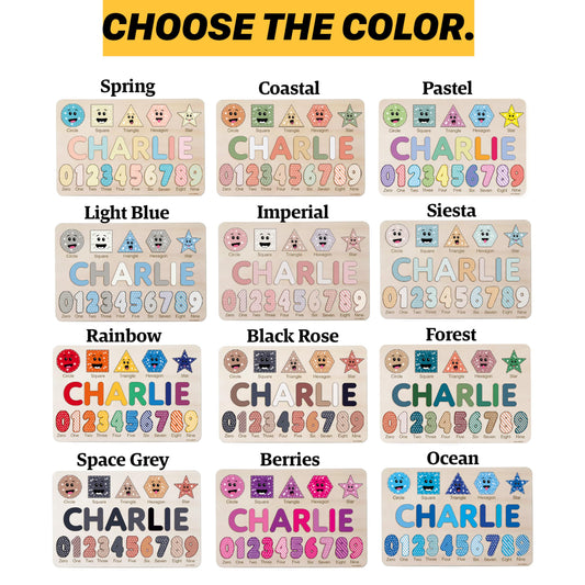 Zuzu Puzzle Personalized Name Puzzle with Numbers & Shapes for Toddlers 1-3 | 12 Color Themes | Handmade Wooden Montessori Toy, Keepsake Nursery Decor & Perfect 1st Birthday Gift