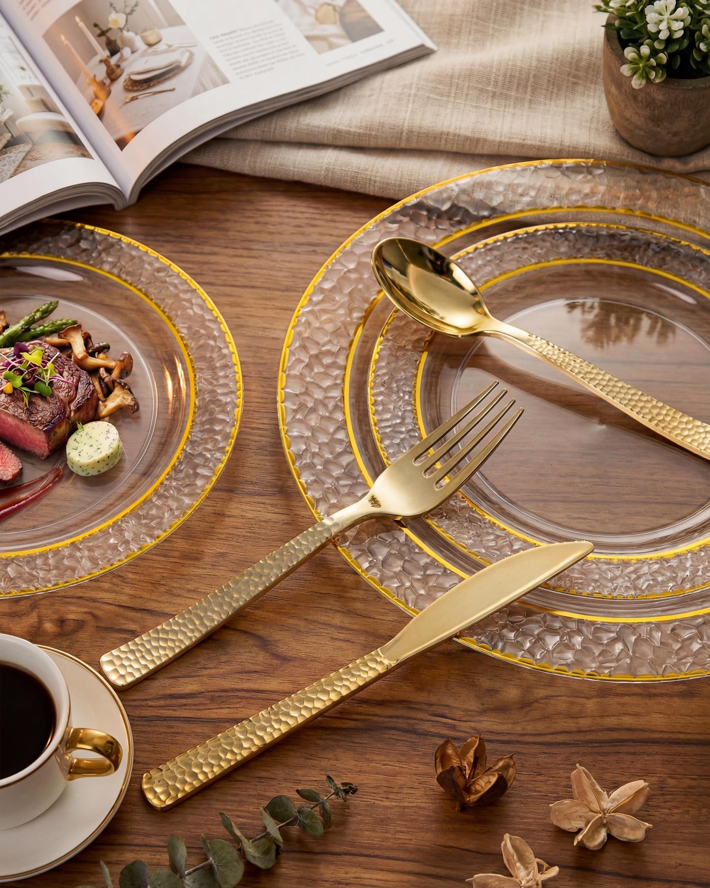 Nervure 300PCS Gold Hammered Plastic Silverware - Heavy Duty Plastic Cutlery - Gold Disposable Utensils Includes 100 Forks, 100 Knives, 100 Spoons Perfect for Wedding & Party