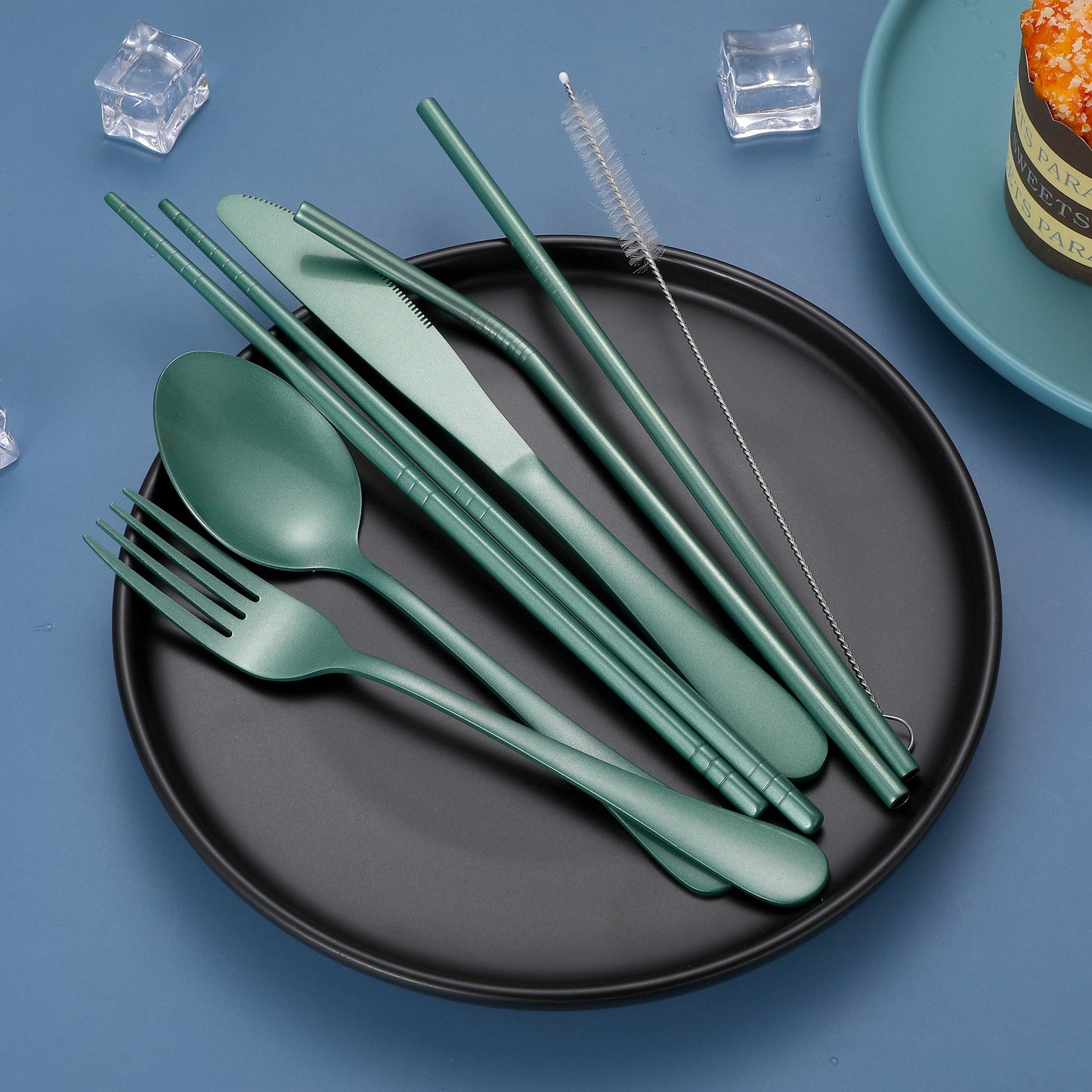 Portable Stainless Steel Flatware Set, Travel Camping Cutlery Set, Portable Utensil Travel Silverware Dinnerware Set with a Waterproof Case (Green)