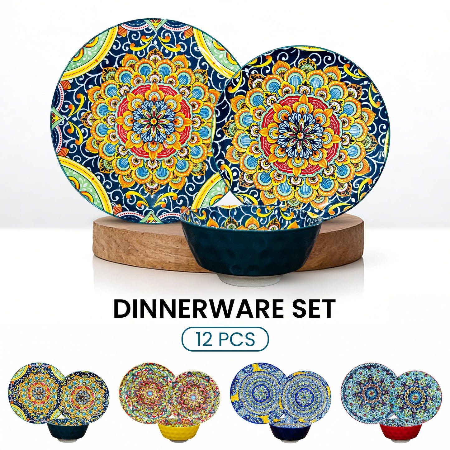 Romatlink 12 Pieces Dinnerware Sets, Ceramic Plates and Bowls Set, Microwave and Dishwasher Safe, Scratch Resistant, Bohemian Style Dishware Set, Service for 4