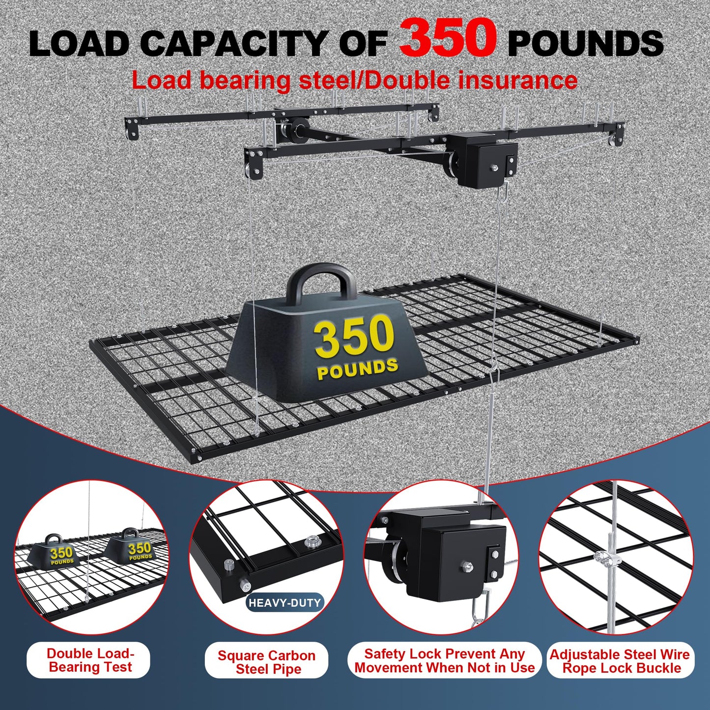 Legendstone 4x8FT Overhead Garage Storage Rack for High Ceilings 10-12 FT, Adjustable Garage Organization System, Heavy Duty Ceiling Storage Racks with Safety Lock,350LBS Capacity,Black