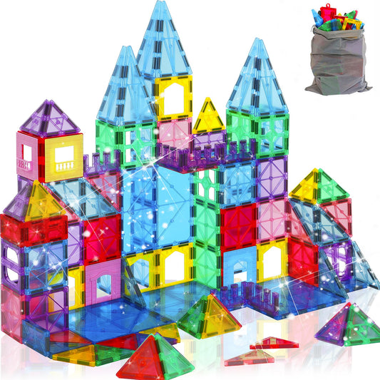 HAPPYMATY Upgraded Antibacterial Magnetic Tiles 124PCS, Including 4 Large Square Tiles, Magnetic Building Blocks, Inhibits Bacterial Growth for Healthier and Safer Play, STEM Educational Toys Set
