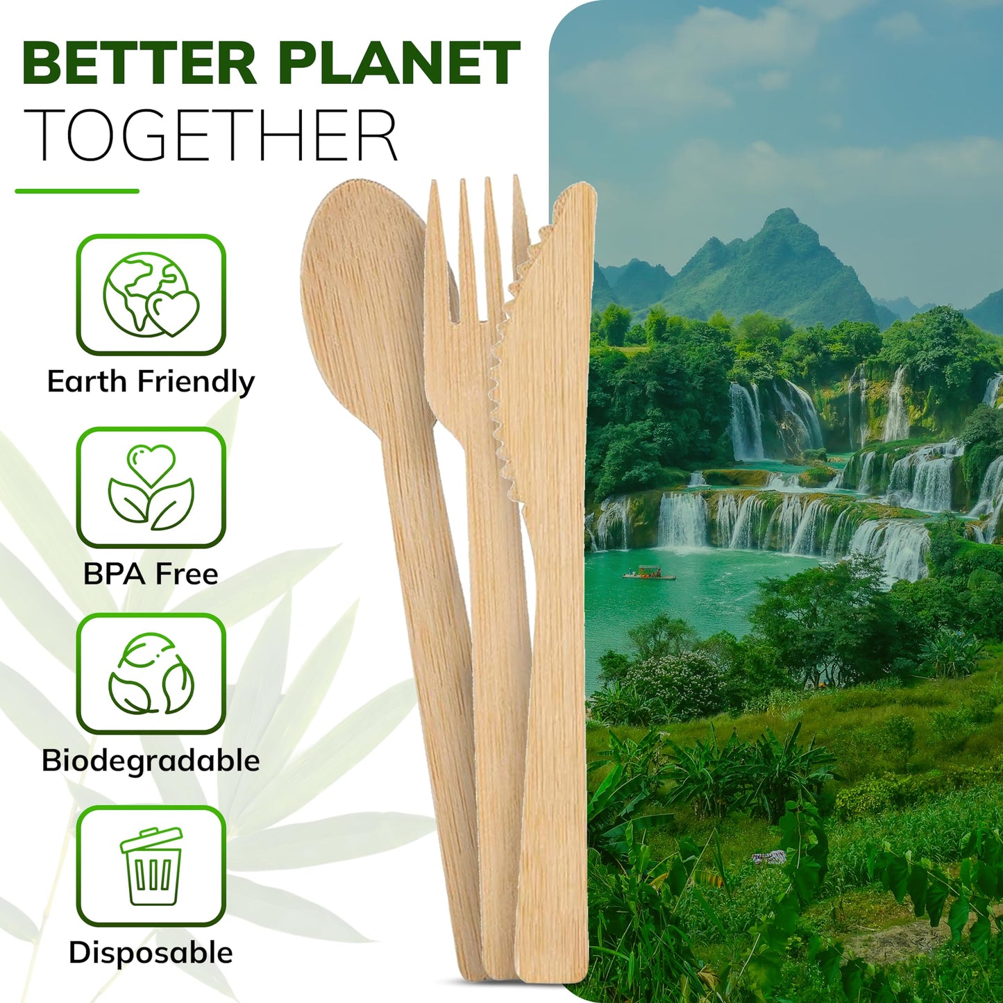 Albino Monkey Wooden Cutlery Set - 100 Pcs Disposable Bamboo Forks, Spoons, Knives - Compostable 100% Natural Bamboo Utensils for Parties, Picnics, Camping, Weddings - Eco-Conscious Dining Supplies