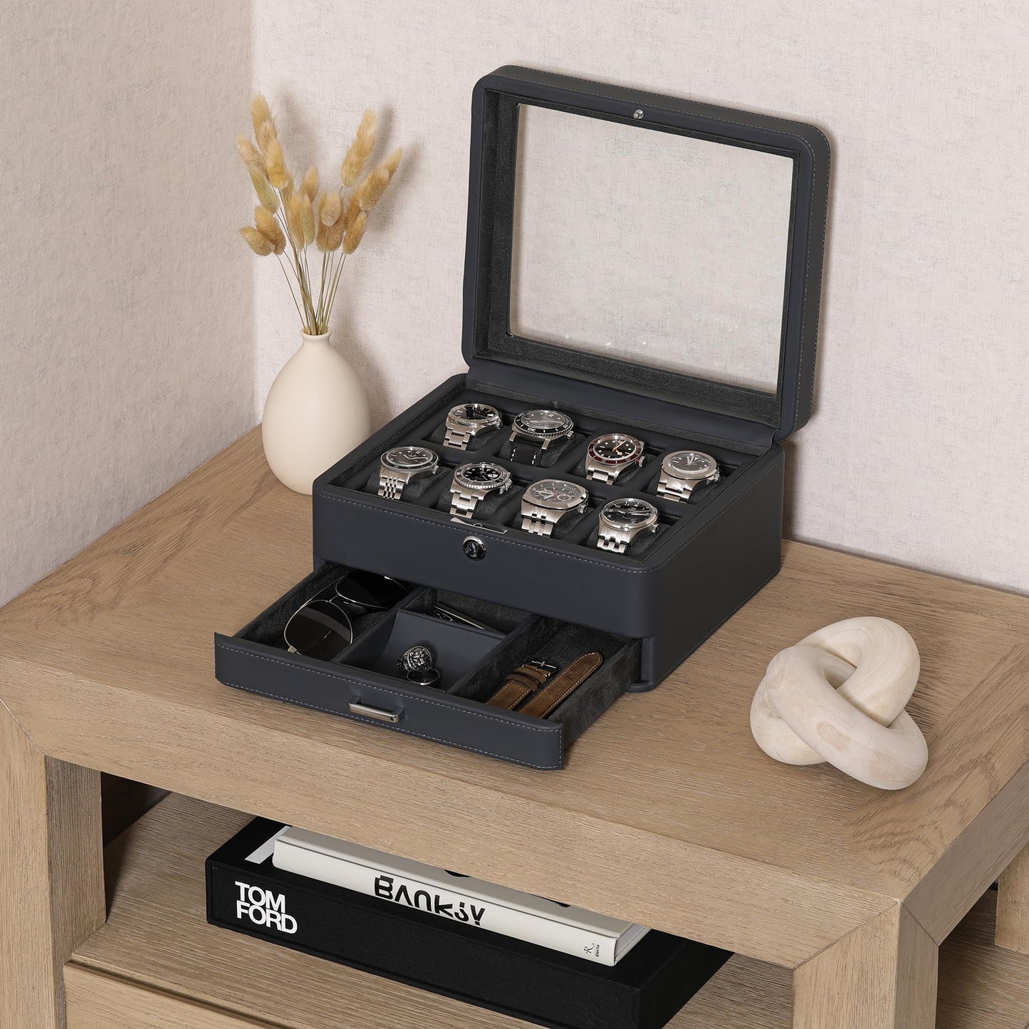 ROTHWELL 8 Slot Leather Watch Box with Valet Drawer - Luxury Case Display Jewelry Organizer, Locking Display Case Holder with Real Glass Top - Watch Box Organizer for Men & Women (Carbon)