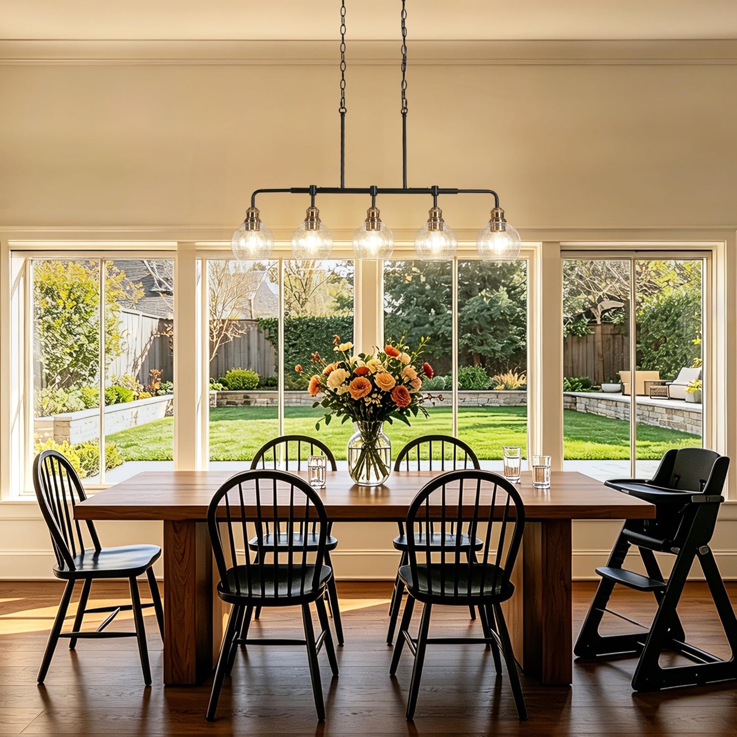 KSANA 5 Light Kitchen Island Lighting, Mid-Century Modern Linear Chandelier Black and Electroplated Copper Dining Room Light Fixtures with Seeded Glass Shade, 39" W
