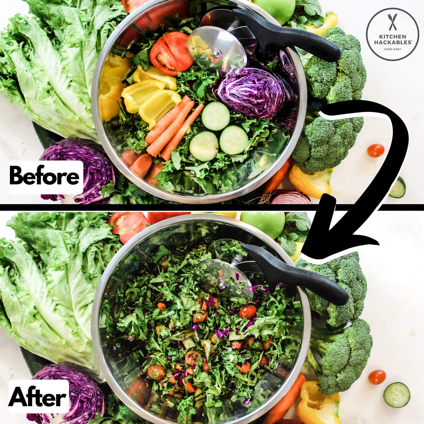 Kitchen Hackables Stainless Steel Salad Cutter Bowl with Chef Grade Mezzaluna Ultra-Fast Salad Prep