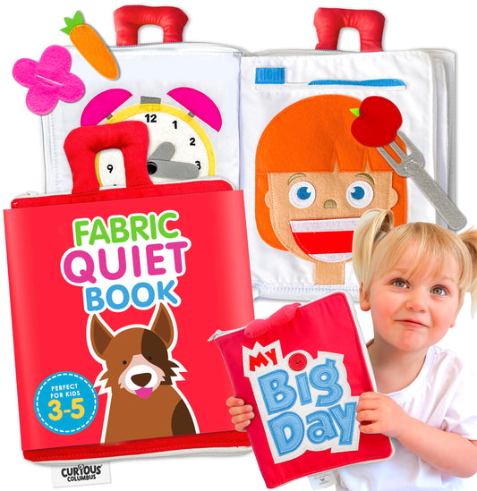 Curious Columbus Quiet Book – Large Fabric Montessori Activity Book with 10 Pages for Learning and Quiet Play, Airplane and Road Trip Travel Toy